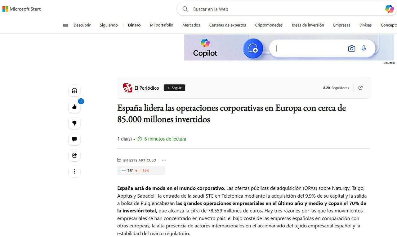 Espaa lidera las operaciones corporativas en Europa con cerca de 85.000 millones invertidos